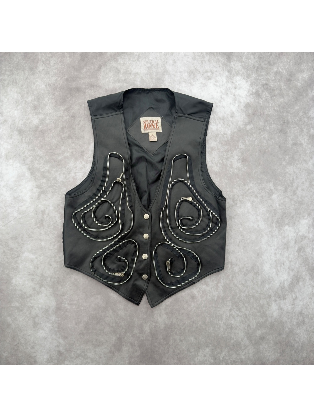 Vintage Neutral Zone Black Faux Leather Spiral Zipper Vest Size Medium